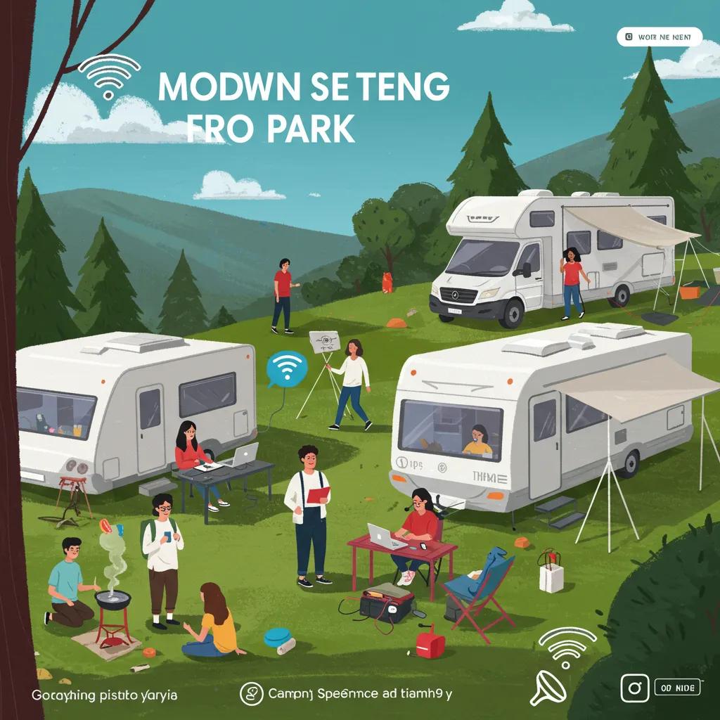 Diverse group of young campers enjoying modern amenities at a campground