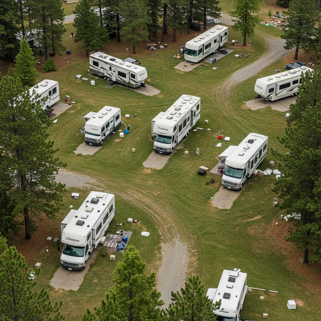 Diverse RV site options at Camp Dearborn showcasing different hookups and natural surroundings