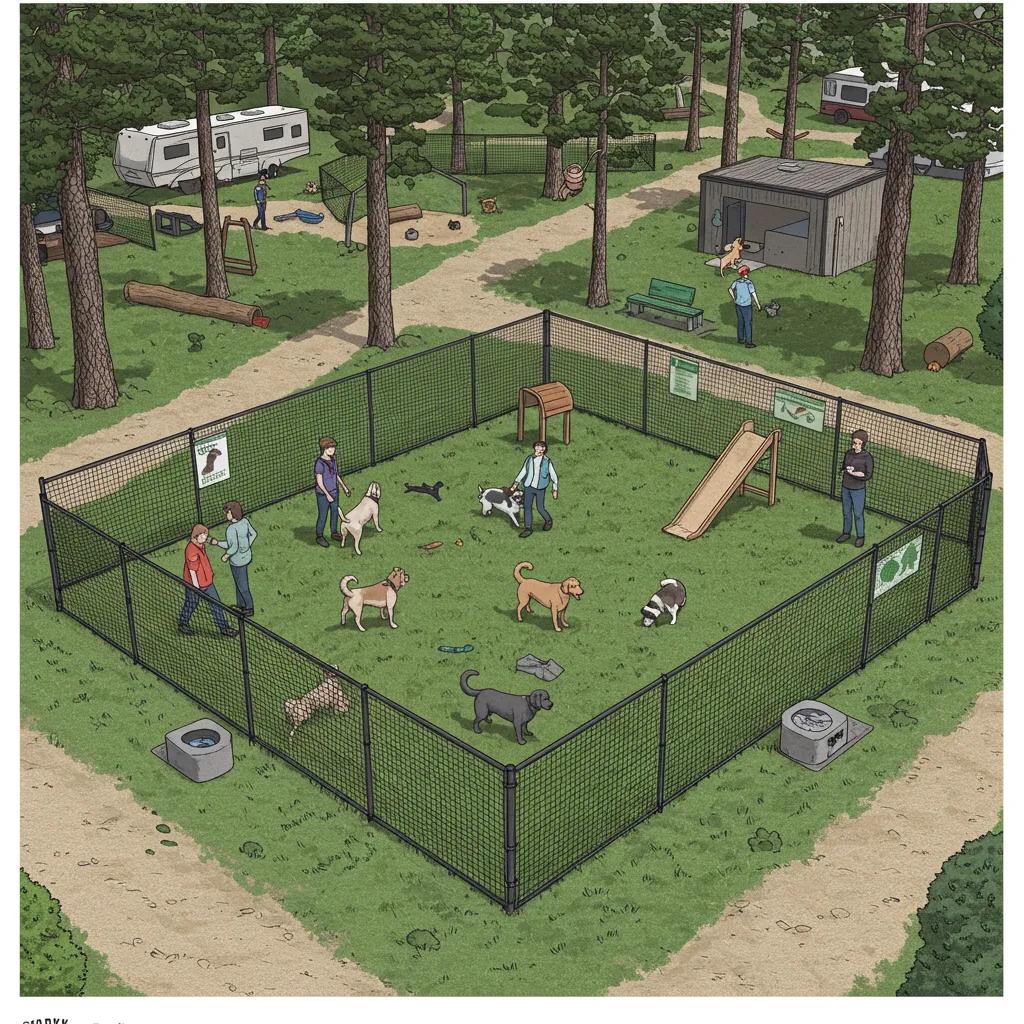Dog-friendly amenities including a dog park and waste stations at a campground