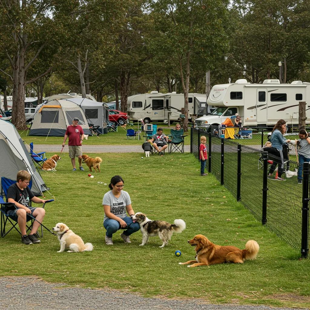 Dog-friendly campground with families and dogs enjoying outdoor activities