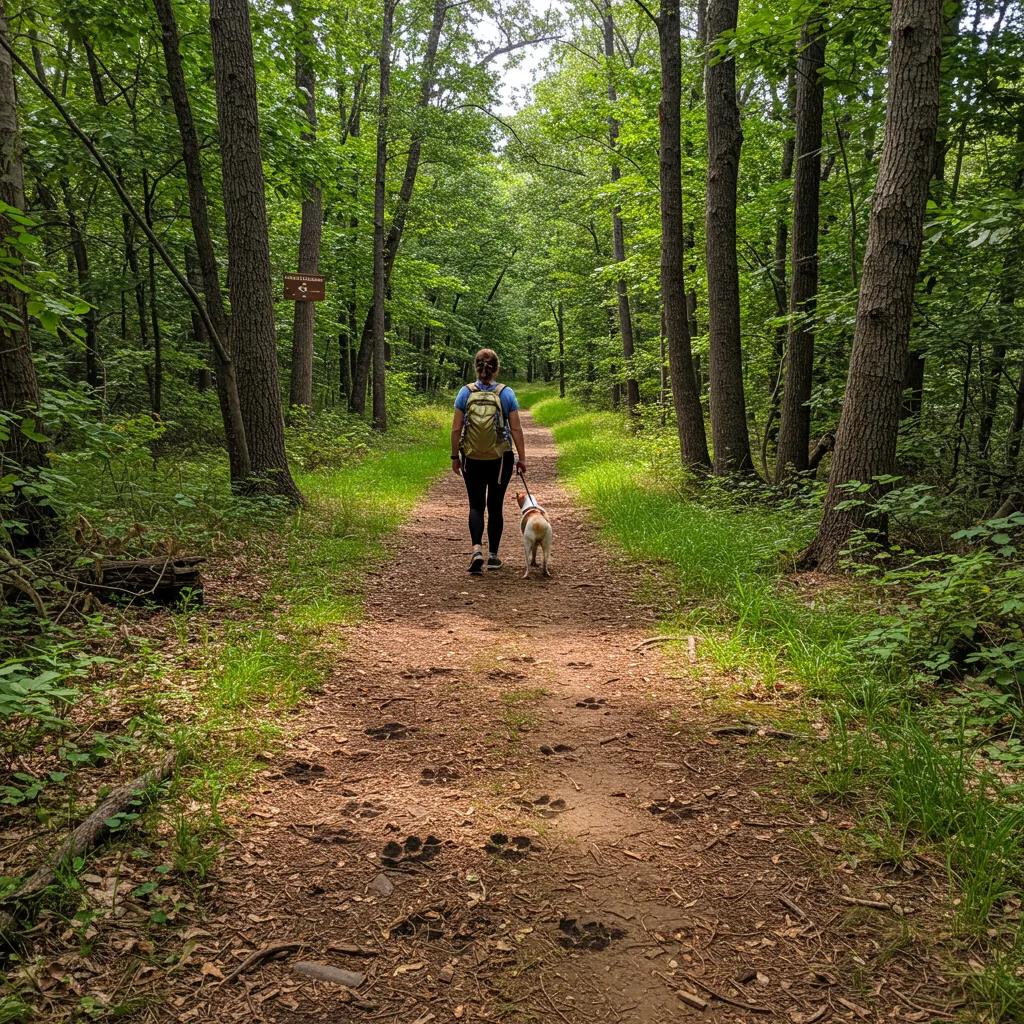 Dog on a leash with owner on a hiking trail, highlighting wildlife safety during camping