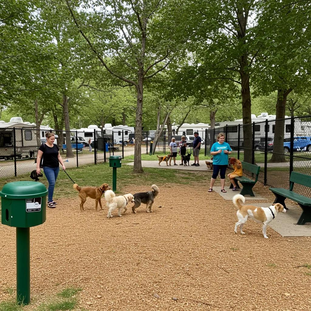 Dogs playing in a campground dog park, showcasing the community and amenities available for pet owners