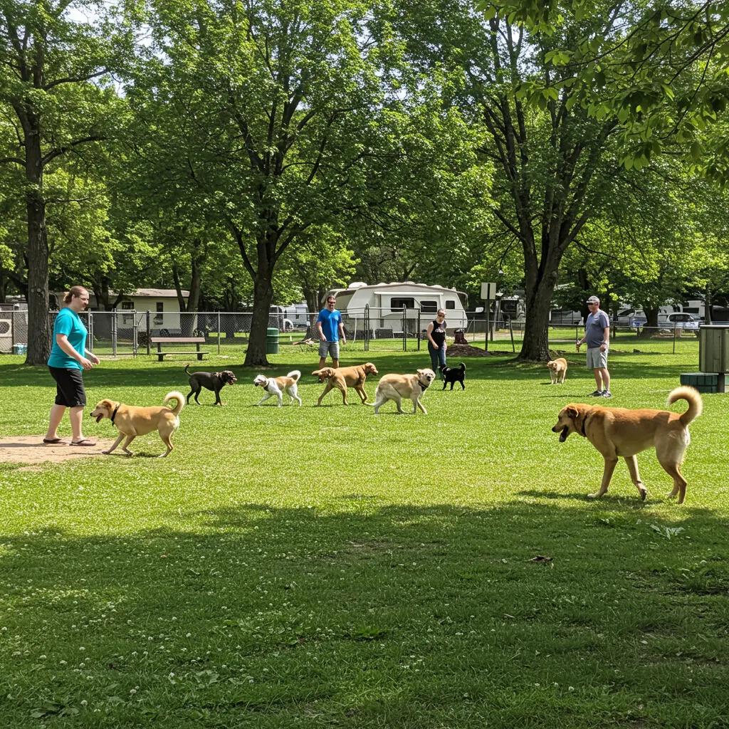Dogs playing in a large dog park at Walnut Hills Family Campground, emphasizing pet-friendly activities