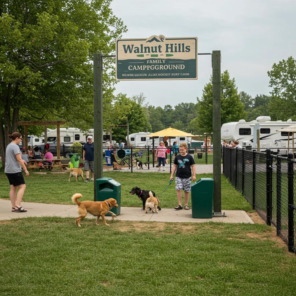 Dogs playing in the dog park at Walnut Hills Family Campground