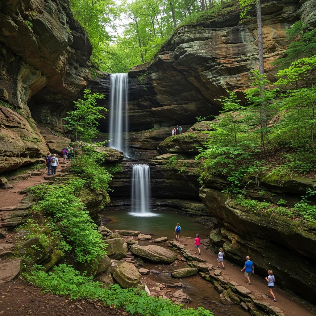 Dramatic scenery of Hocking Hills State Park with gorges, waterfalls, and families hiking
