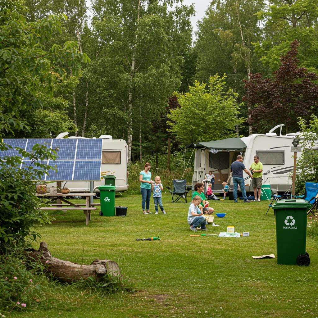 Eco-friendly campground with sustainable practices and a family engaged in conservation activities