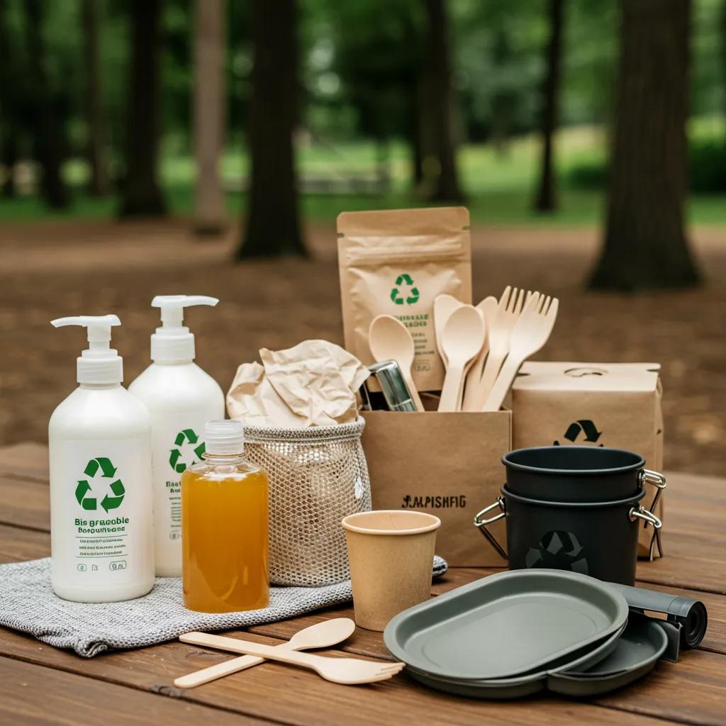 Eco-friendly camping supplies including biodegradable soap and reusable dishware