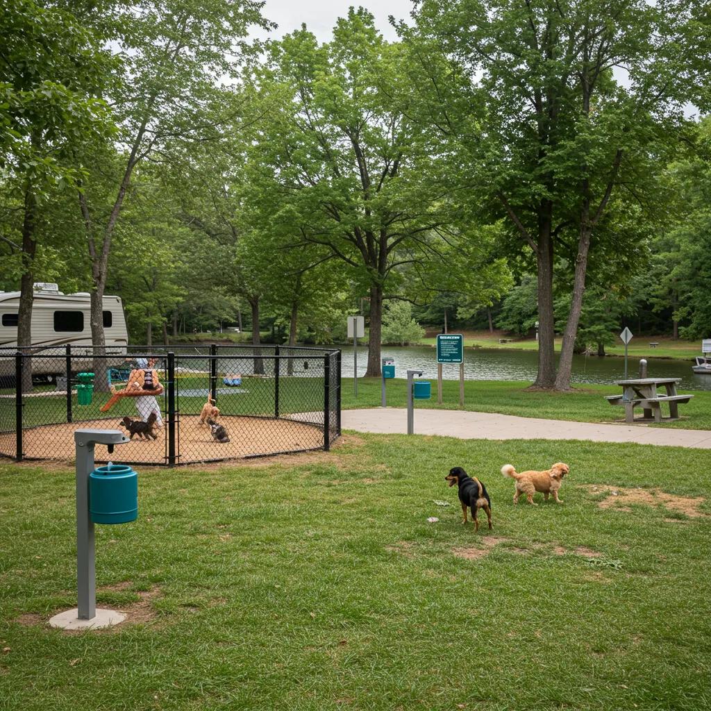 Essential amenities for dog-friendly campgrounds including a dog park and waste stations