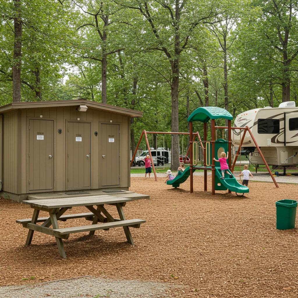 Essential campground amenities including clean restrooms and a playground