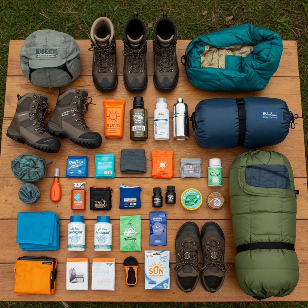 Essential camping gear for different seasons displayed on a table, including waterproof boots and insulated sleeping bags