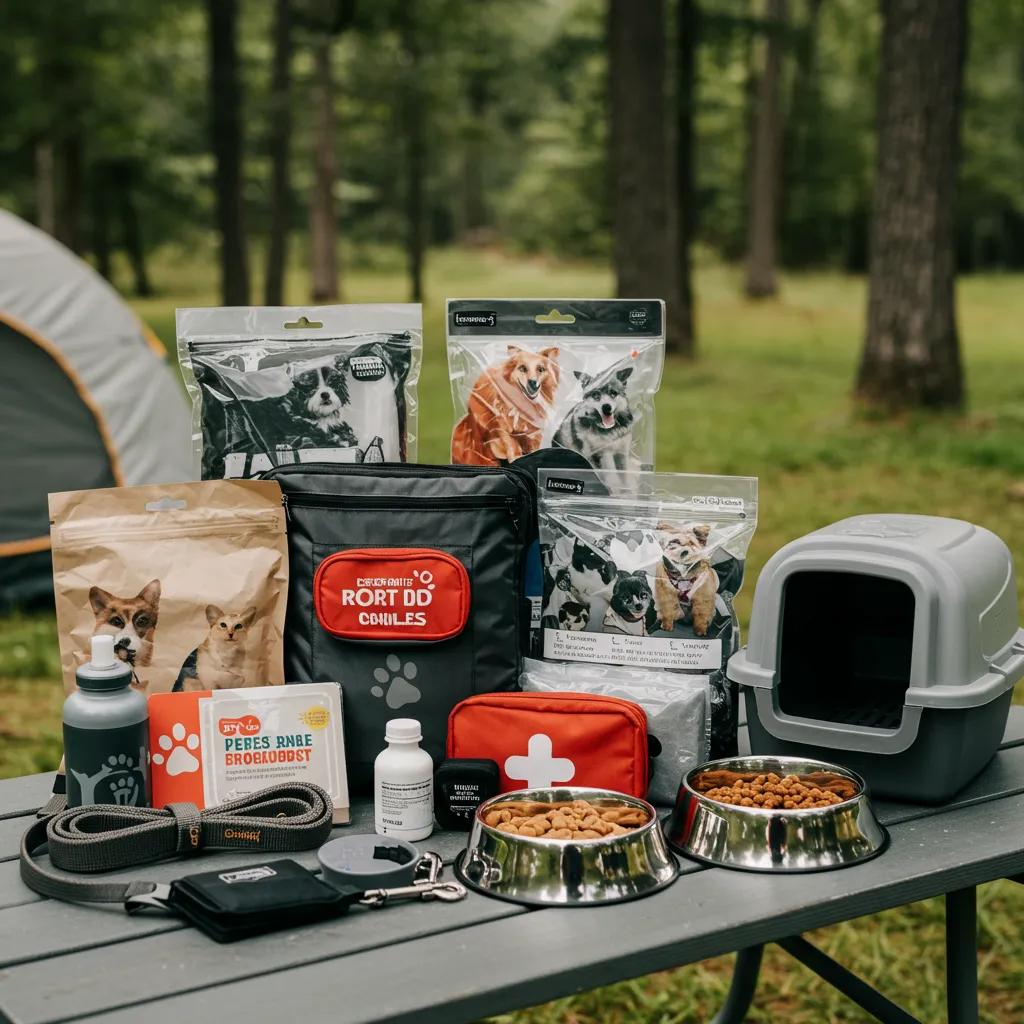 Essential camping gear for pets including leashes, first-aid kit, and food bowls arranged on a picnic table