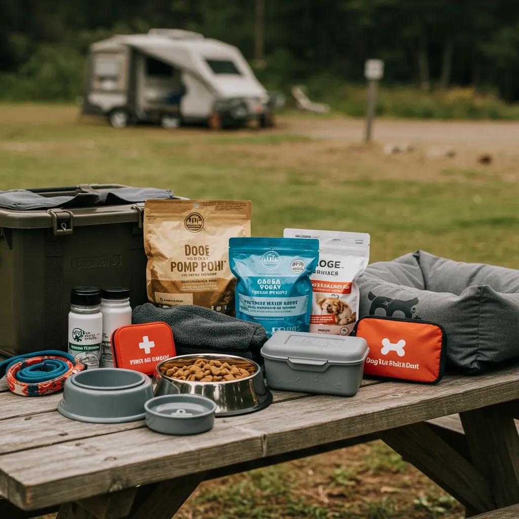 Essential dog camping gear laid out on a picnic table in a campground