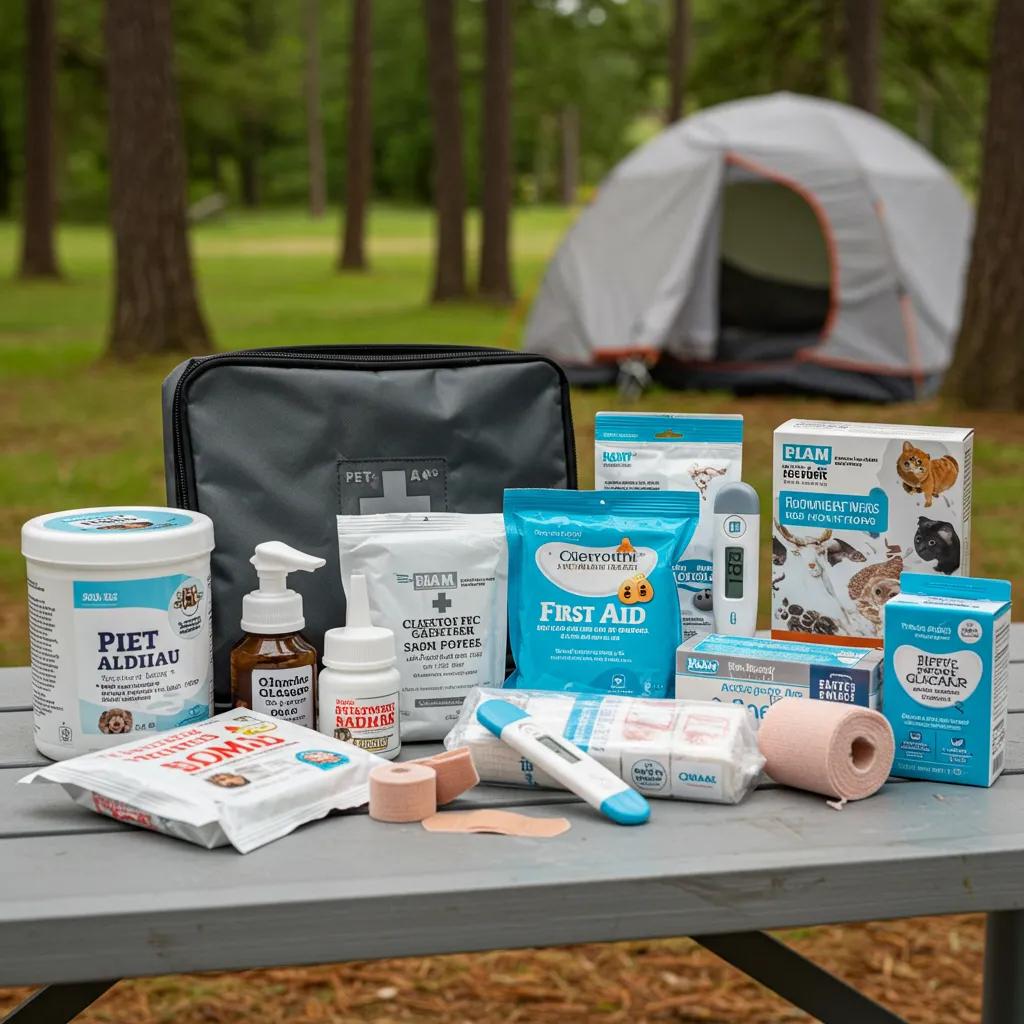 Essential items in a pet first aid kit for camping, showcasing safety preparedness for pets