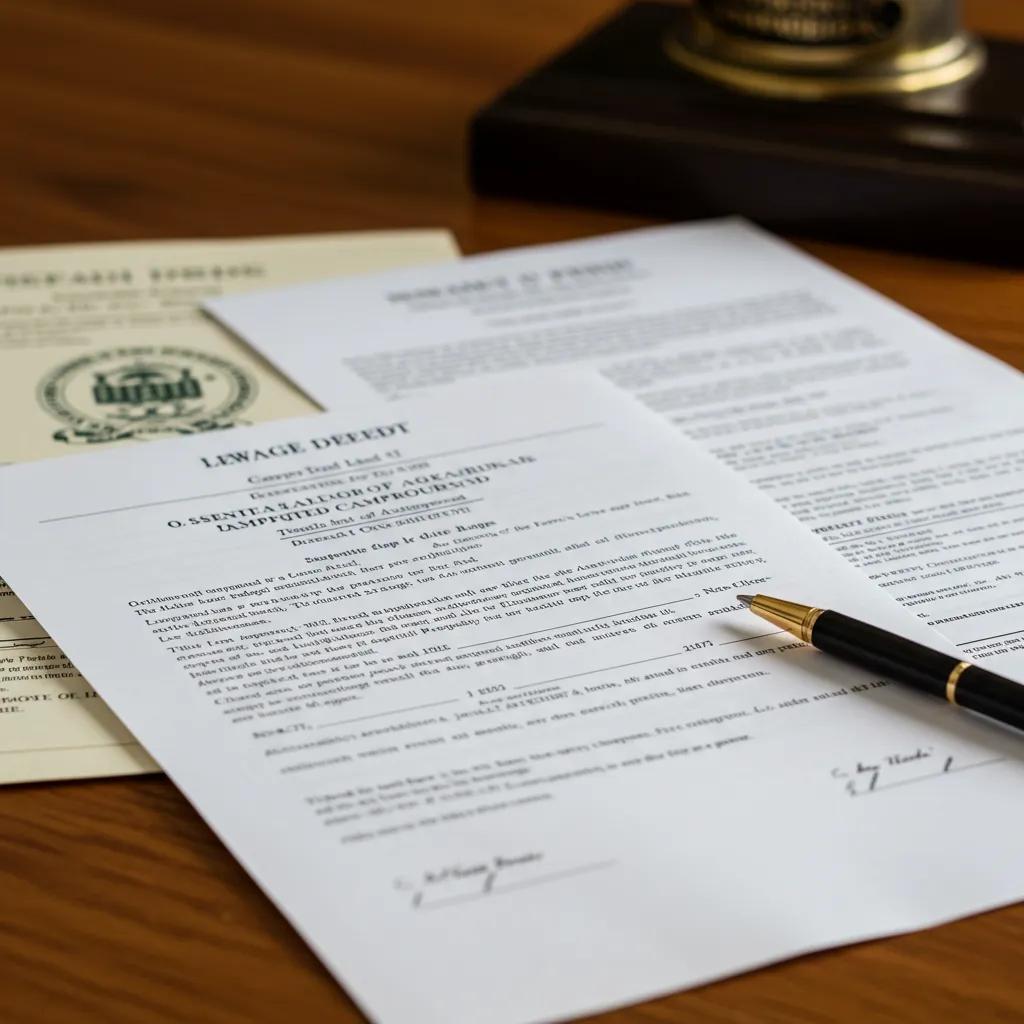 Essential legal documents for campground sale on a wooden table