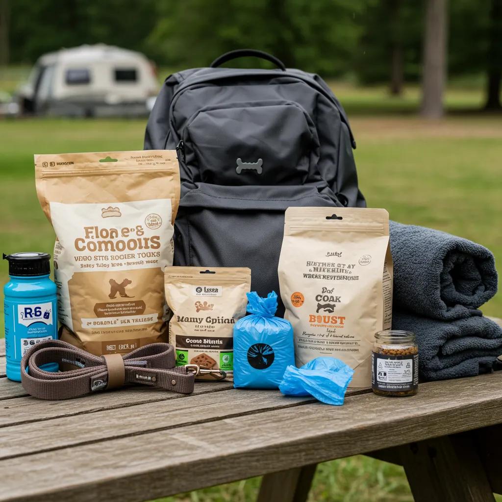 Essential packing items for camping with a dog, including food and gear