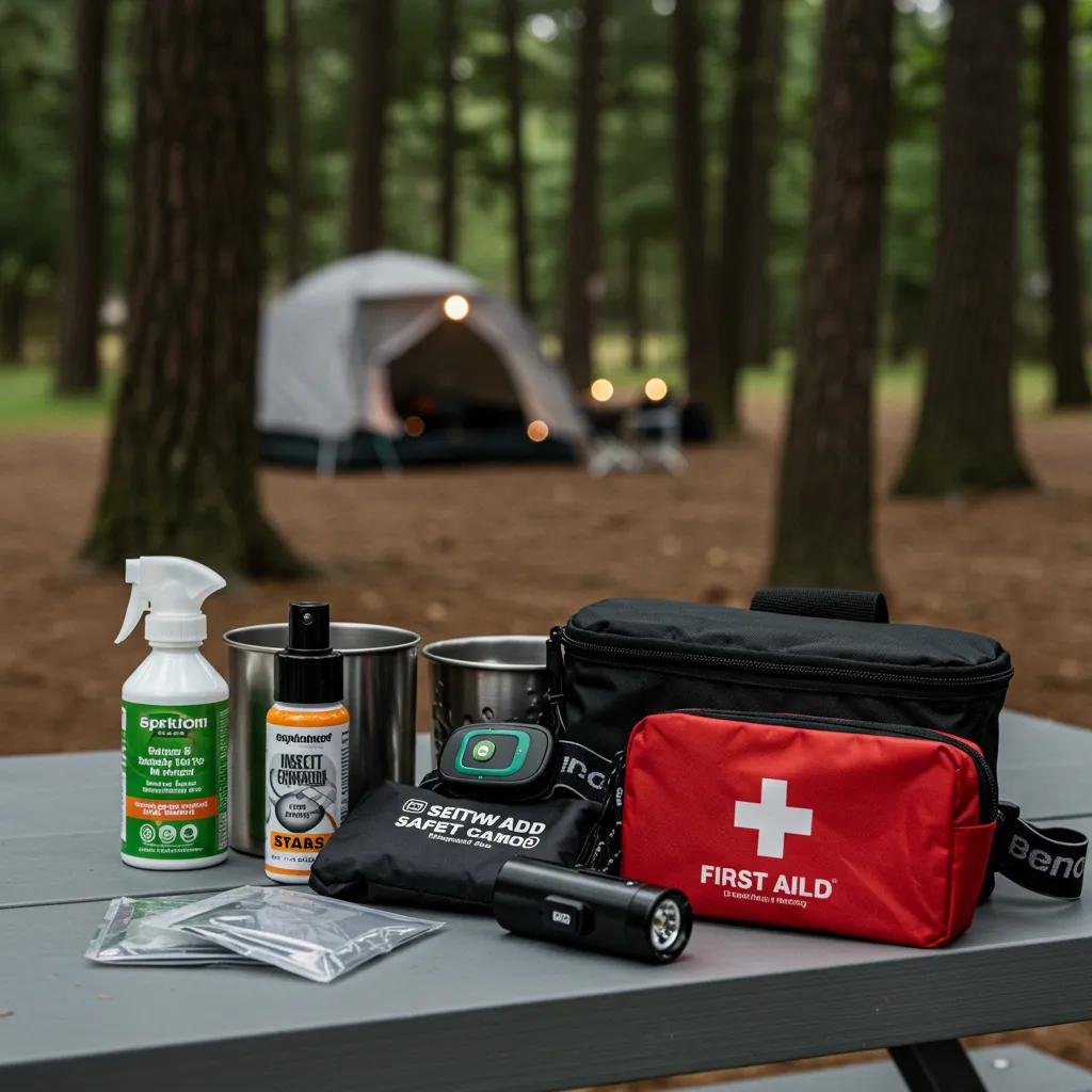 Essential safety and comfort gear for camping including a first aid kit and headlamps on a picnic table