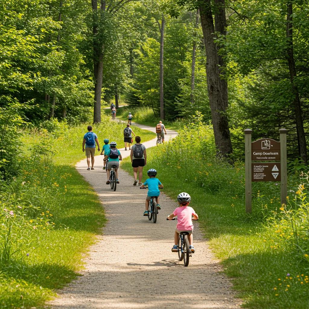 Families biking and hiking on scenic trails near Camp Dearborn