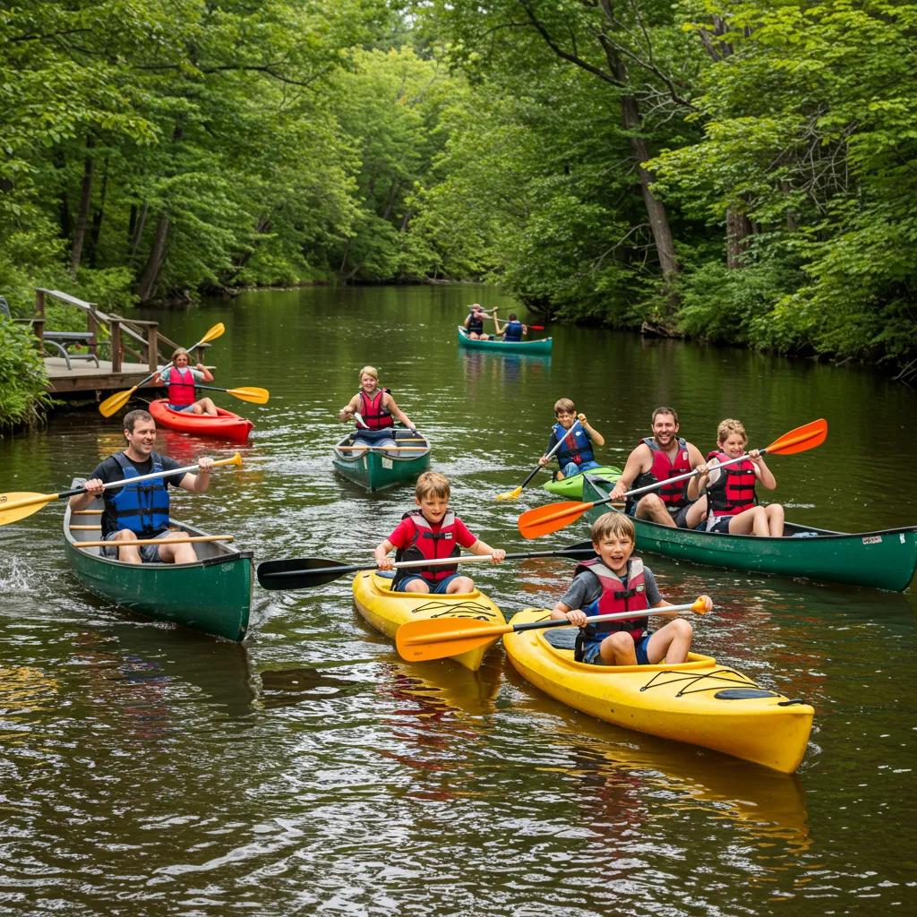 Families canoeing and kayaking on a river in Michigan
