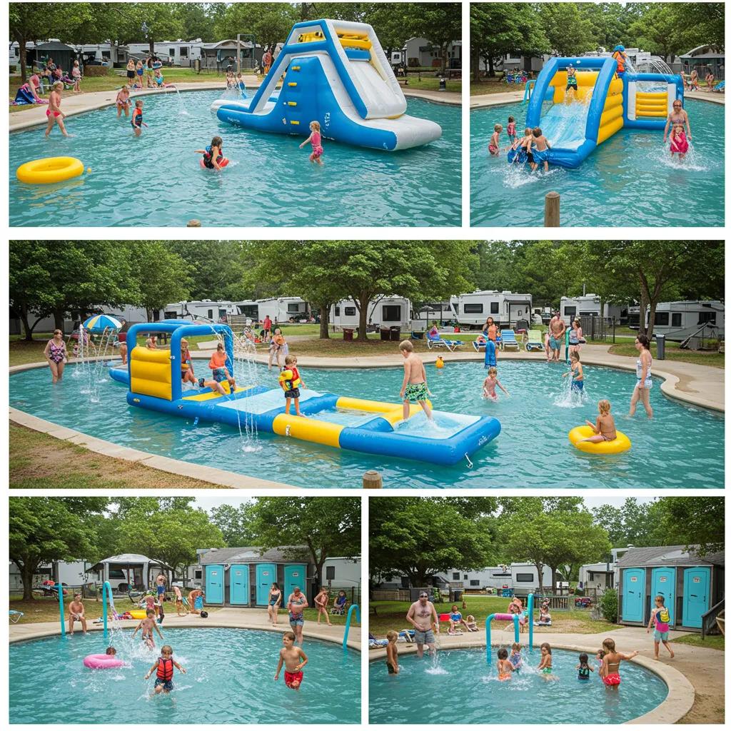 Families comparing key campground amenities like water parks, clean restrooms, and recreational areas