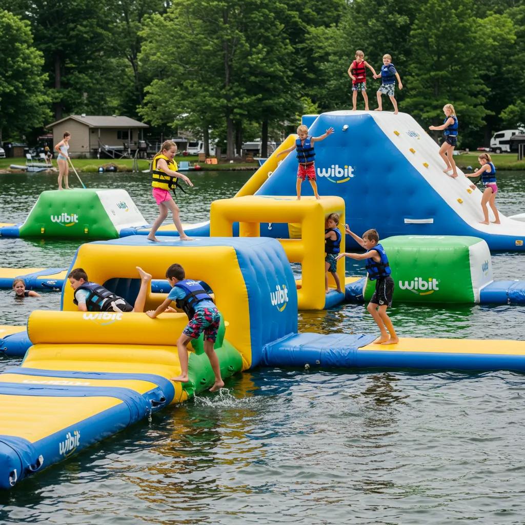 A family laughing as they navigate a Wibit-style floating obstacle course at a Michigan campground, highlighting teamwork and exhilarating fun.