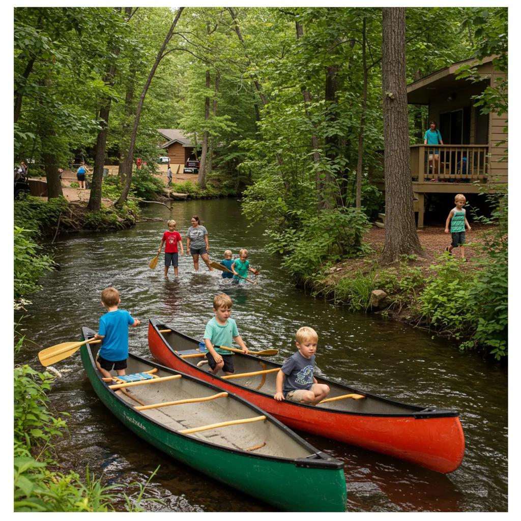 Families engaging in outdoor activities like canoeing and hiking at a Michigan campground
