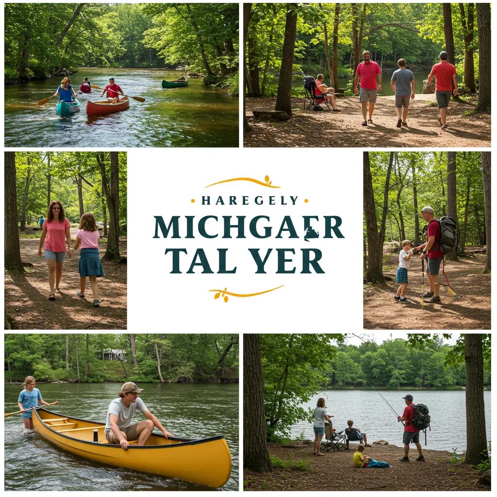 Families enjoying outdoor activities like canoeing, hiking, and fishing at a Michigan campground