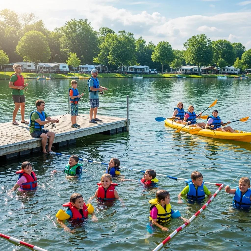 Parents and kids enjoying swimming, fishing, and paddling near a campground lake