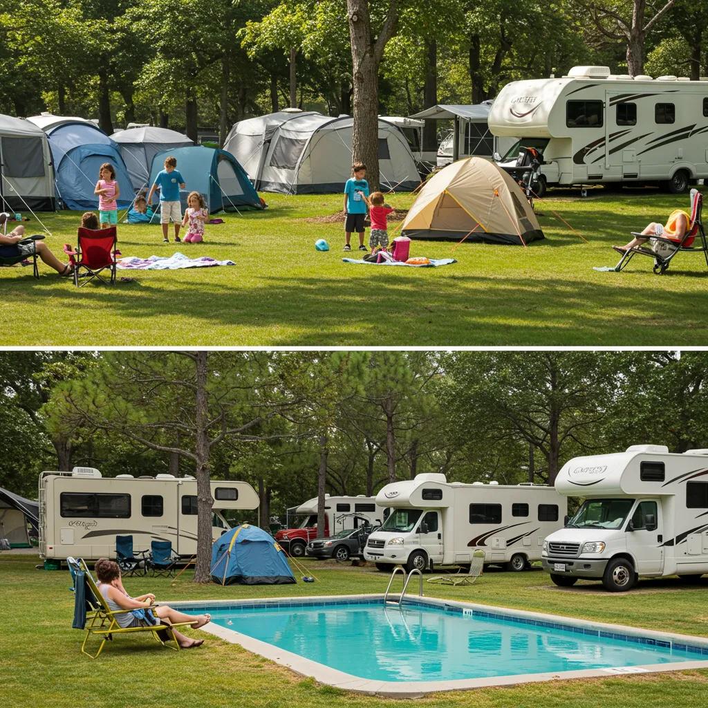 Families enjoying a campground and guests relaxing at an RV resort