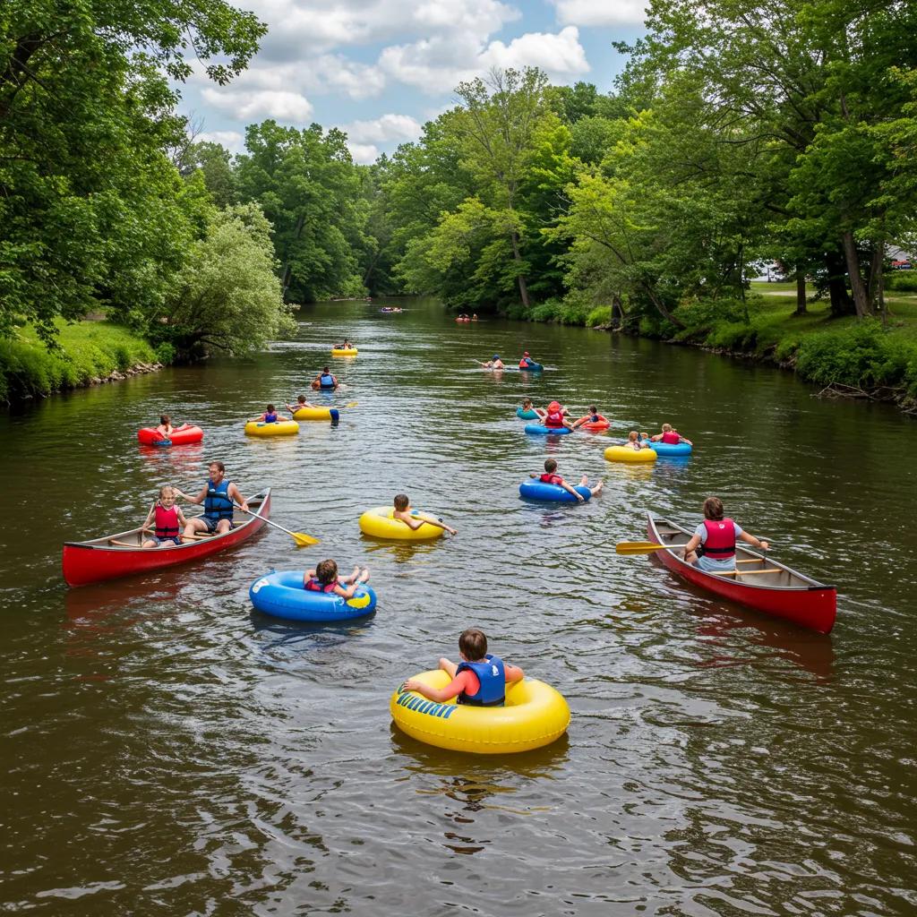 A family smiles while enjoying a leisurely float trip down the Shiawassee River, with tubes and a canoe visible.