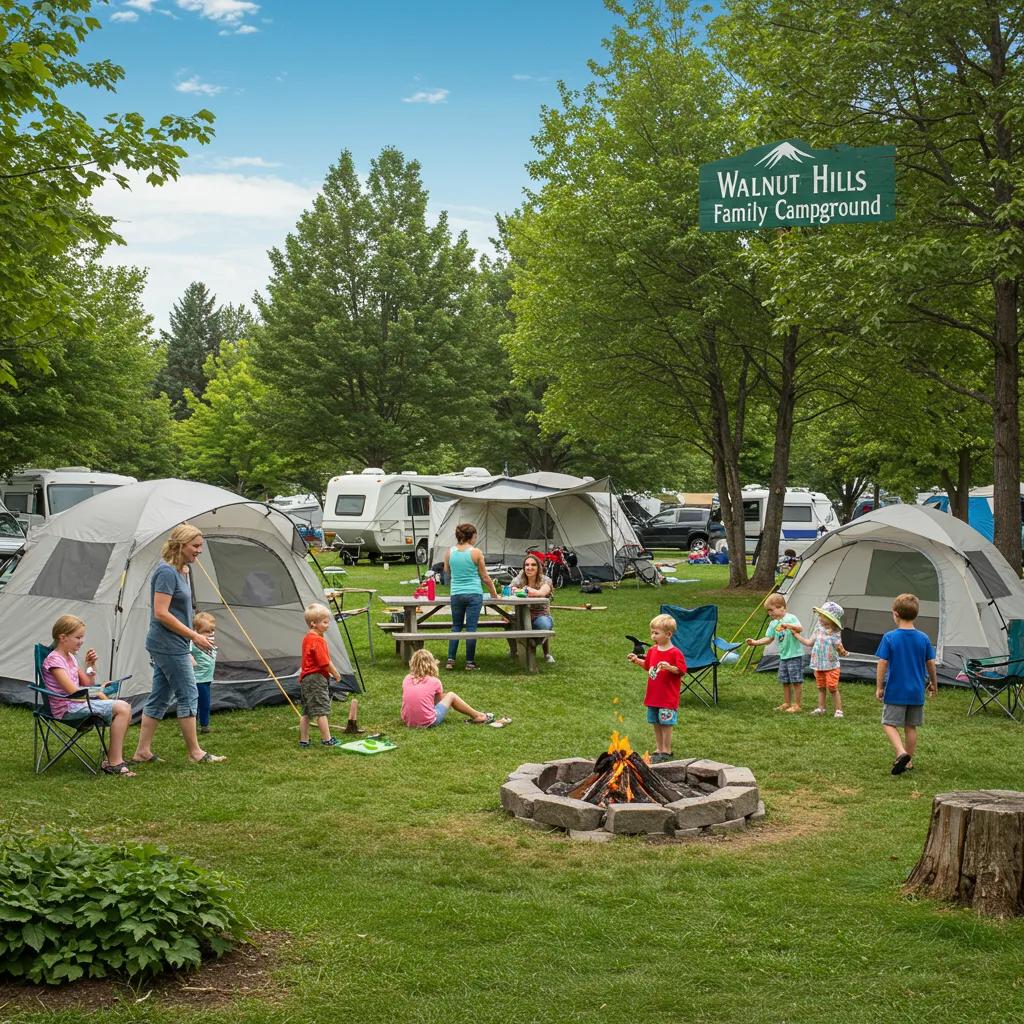 Families enjoying a lively camping experience at Walnut Hills Family Campground, highlighting outdoor activities and a welcoming atmosphere