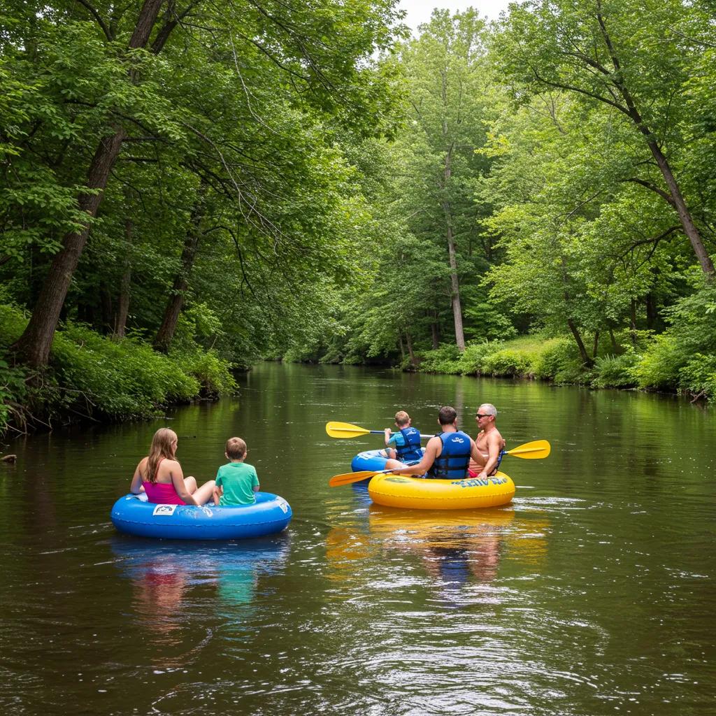 A family smiles as they float down a scenic Michigan river on a sunny day.