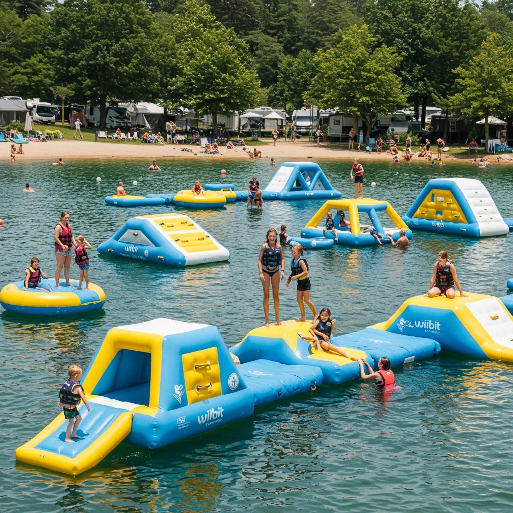 Families enjoying a Wibit water park at a Michigan campground