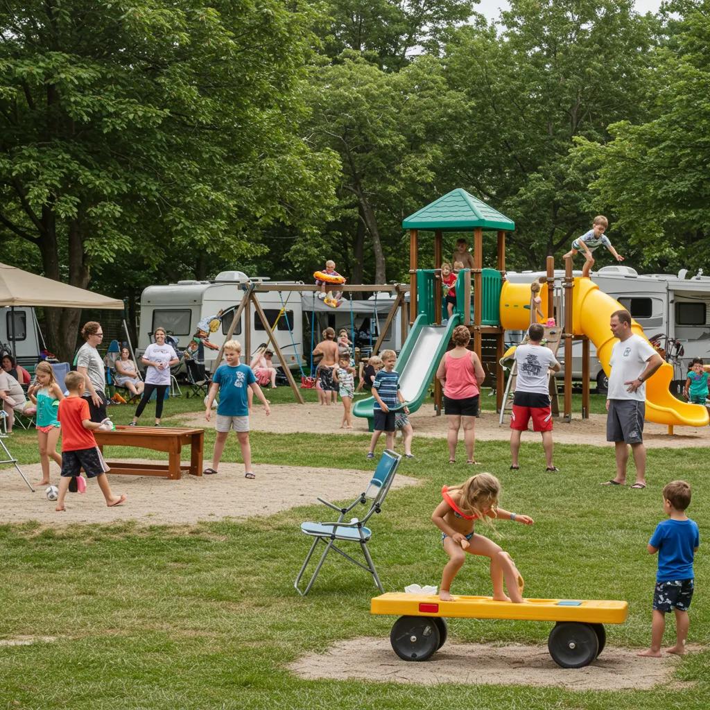 Families enjoying activities at an Ohio campground, including games and swimming