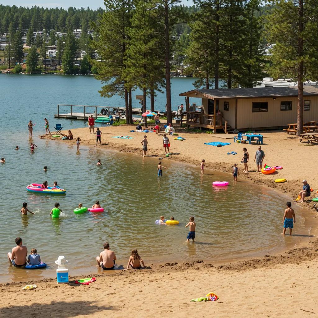 Families enjoying activities at Ridge Ranch Campground with lakefront access