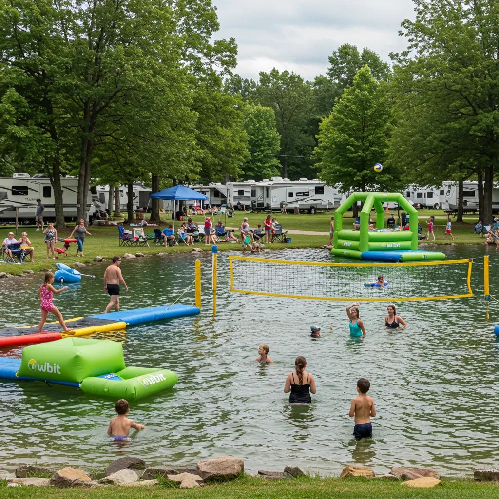Families enjoying activities at Walnut Hills Family Campground with amenities like a water park