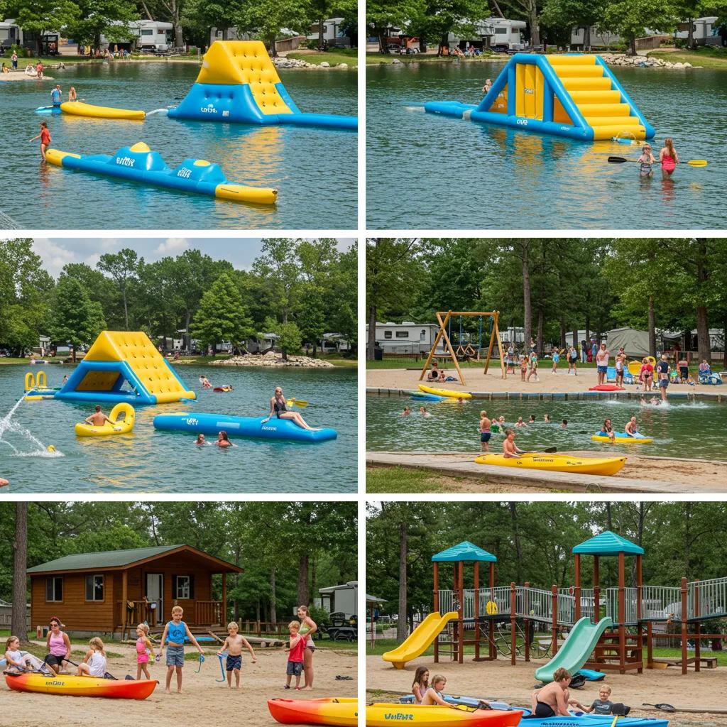 Families enjoying amenities at a campground, including a water park and playground