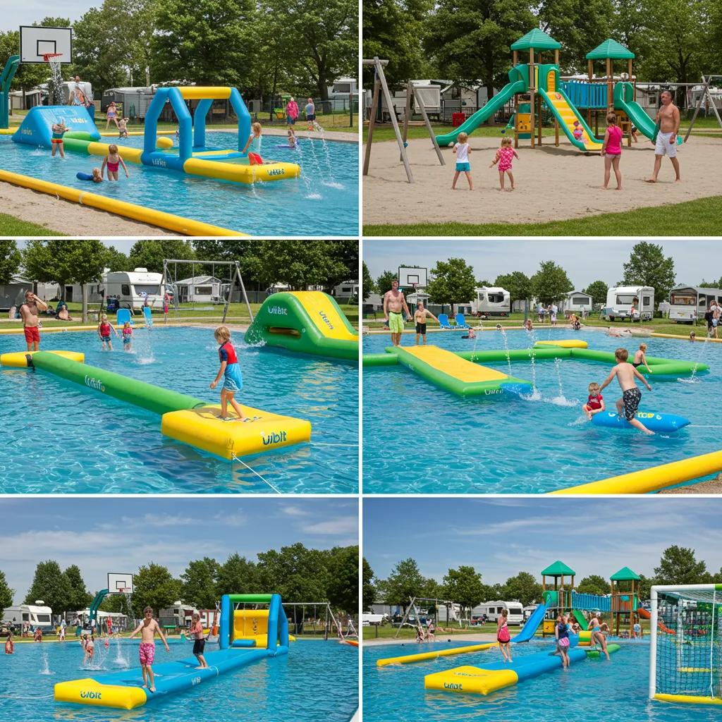Families enjoying amenities at a Michigan campground, including a water park and playgrounds