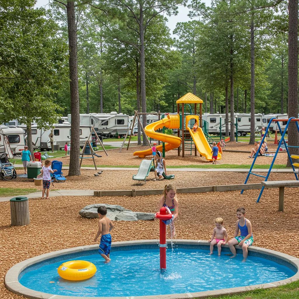 Families enjoying amenities at a stay-and-play campground, highlighting outdoor activities and joyful interactions