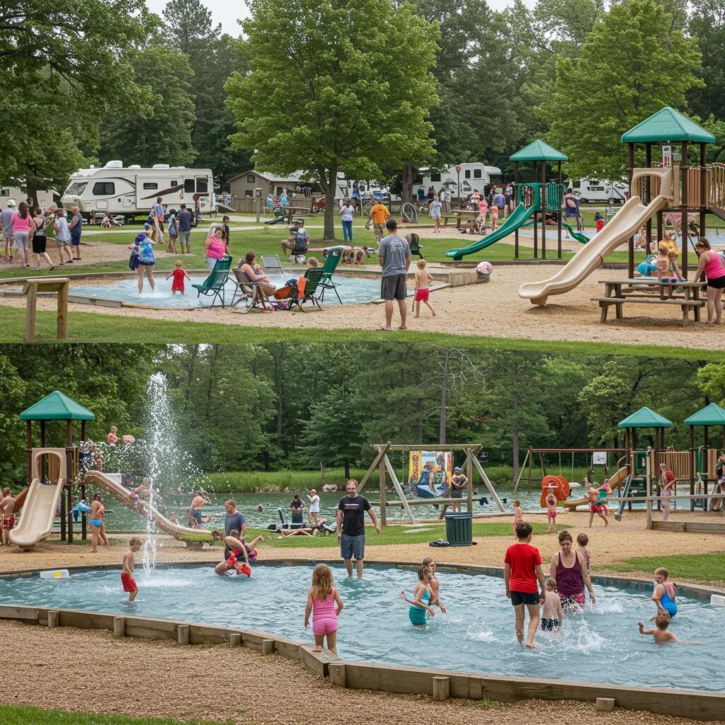 Families enjoying amenities at Walnut Hills Family Campground including a water park and playgrounds