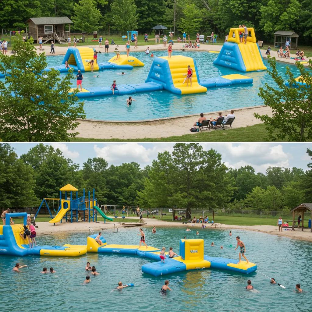 Families laughing and playing at Walnut Hills Family Campground, featuring the Wibit water park and vibrant playgrounds.