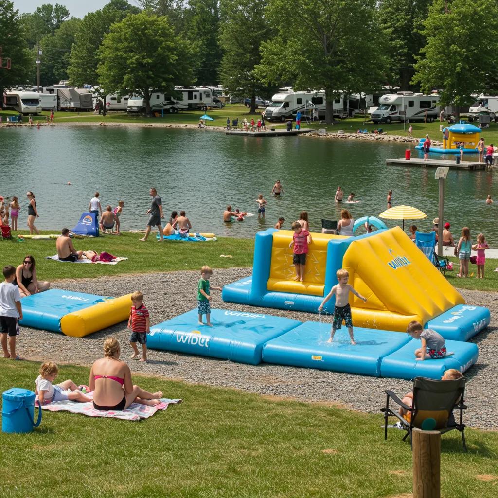Families enjoying amenities at Walnut Hills Family Campground, including water park and swimming lake