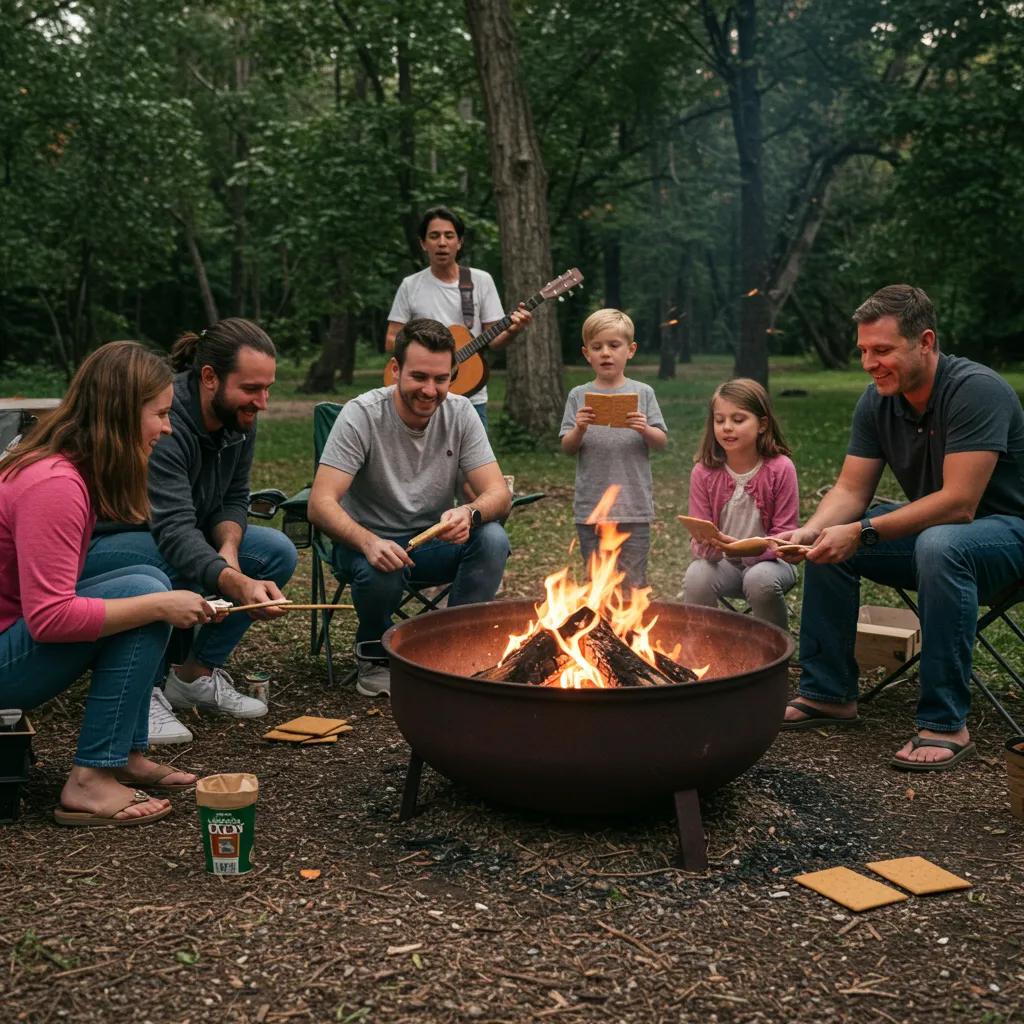 Families enjoying campfire activities like making s'mores and singing songs, showcasing the fun of camping