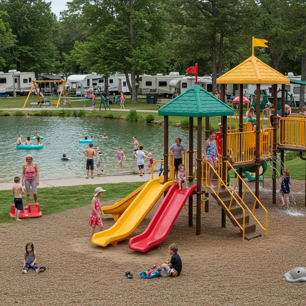 Families enjoying campground amenities like swimming and playgrounds, enhancing camping experience