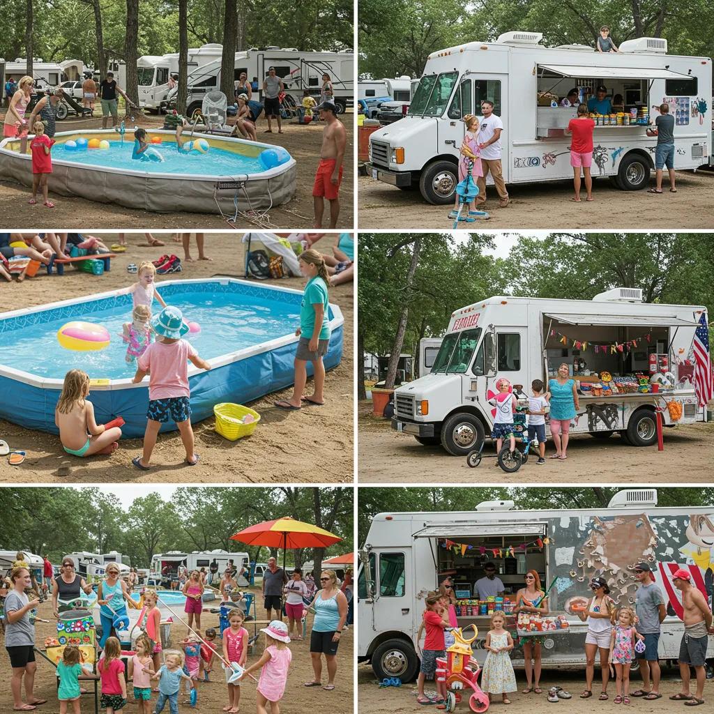 Families enjoying community activities at a campground, including pool parties and crafts