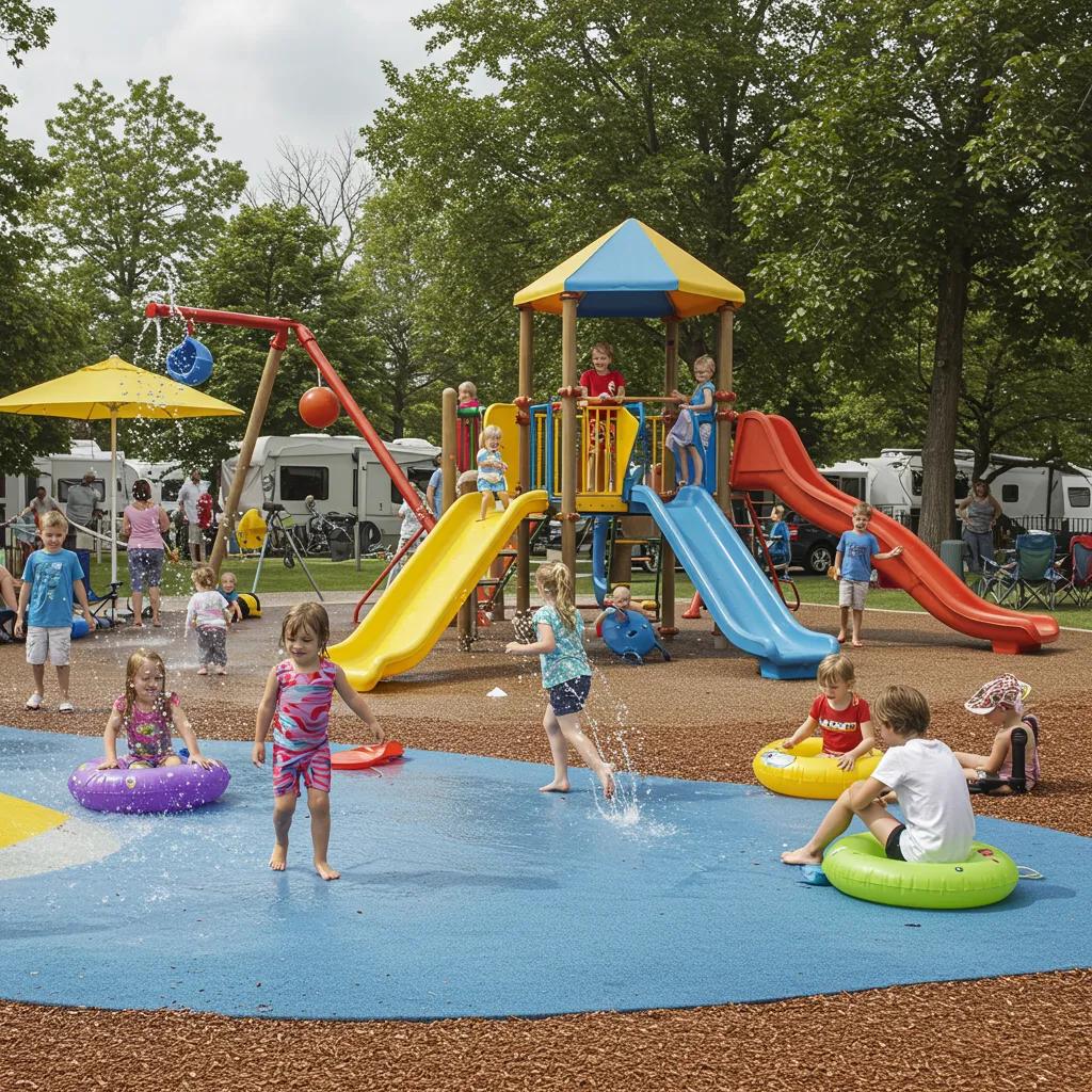 Families enjoying diverse activities at a campground with water play and picnics