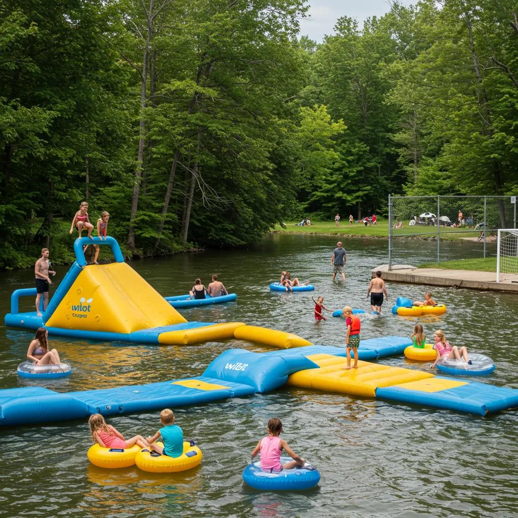 Families engaging in a variety of activities at Walnut Hills Family Campground, including the Wibit water park and relaxing river floats