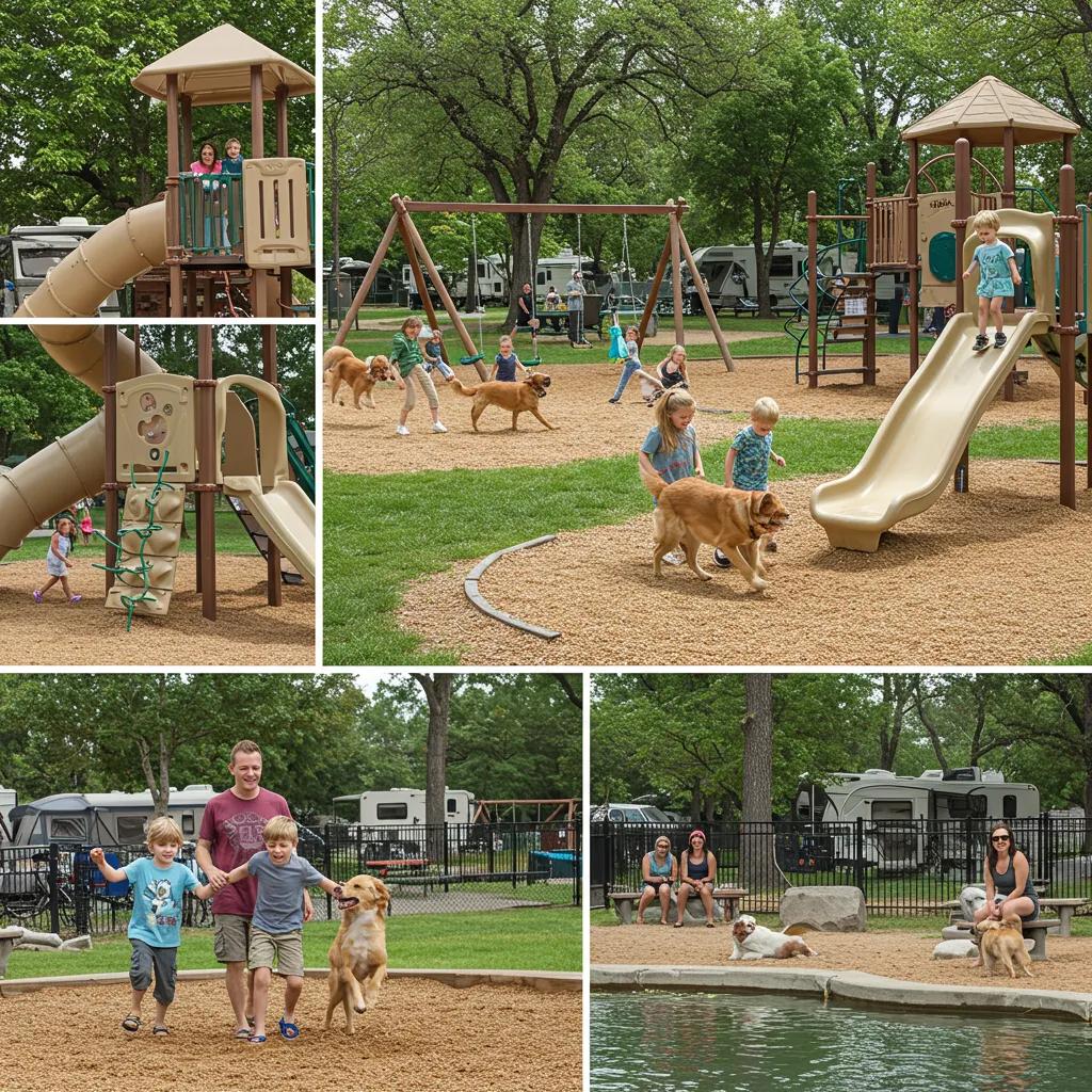Families enjoying essential campground amenities like playgrounds and water features