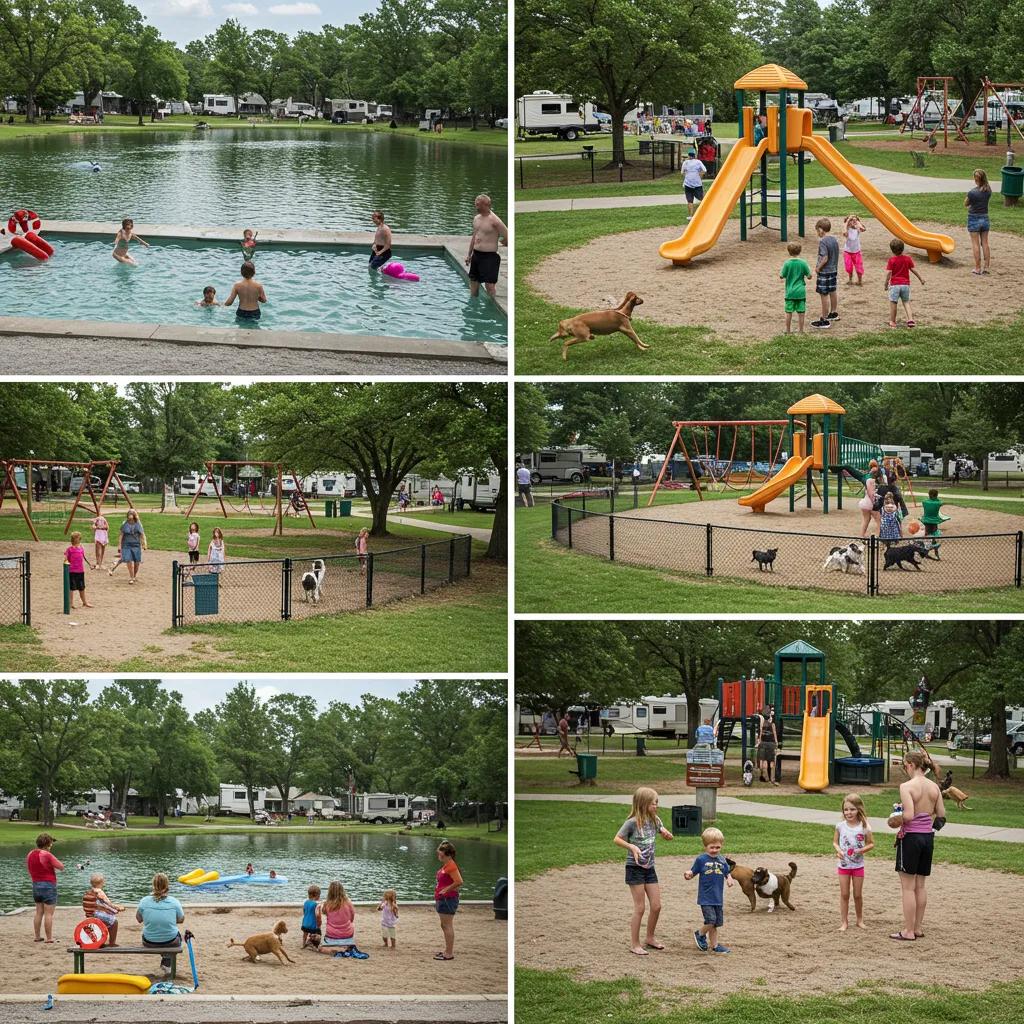 Families enjoying key campground amenities like swimming lakes, dog parks, and playgrounds