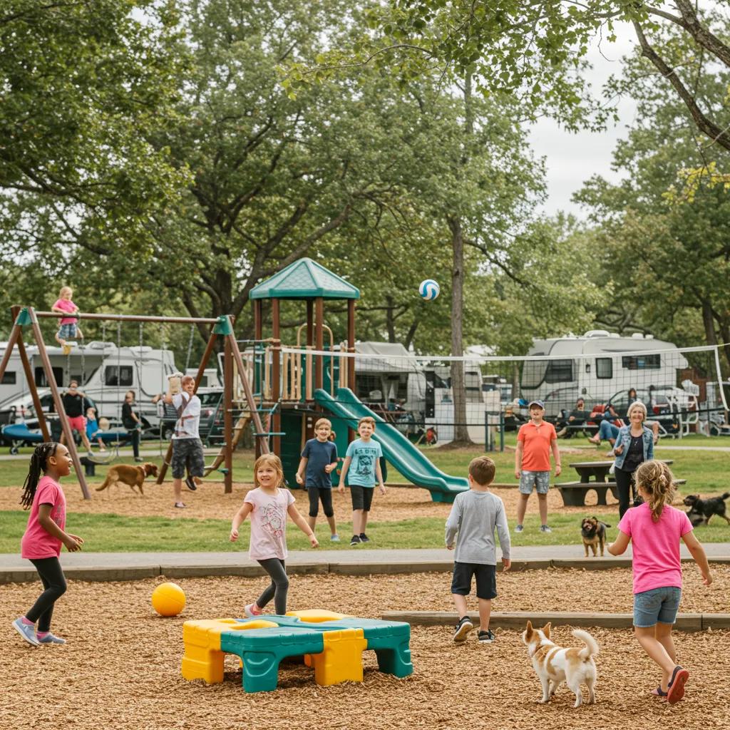 Families enjoying land-based activities at a Michigan campground