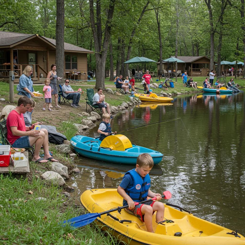 Families enjoying low-noise activities at Ridge Ranch Campground, including fishing and paddleboating, promoting a peaceful getaway